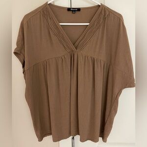 Madewell Lusterweave Pintuck Top, V-Neck Cap Sleeve Top, Light Brown, Size Small
